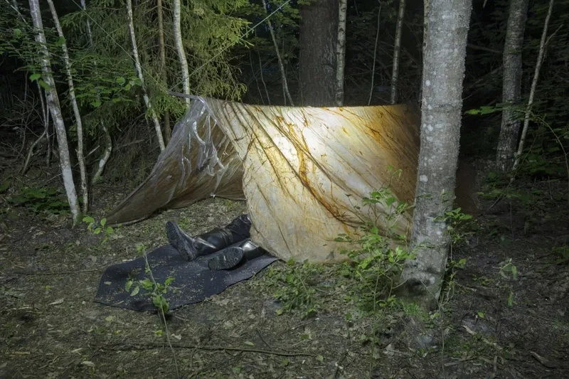 Paula Zvane , Tent, 2021 : installation view from Savvala/SAVAGE show Mushroom childs camp with Liene Rumpe